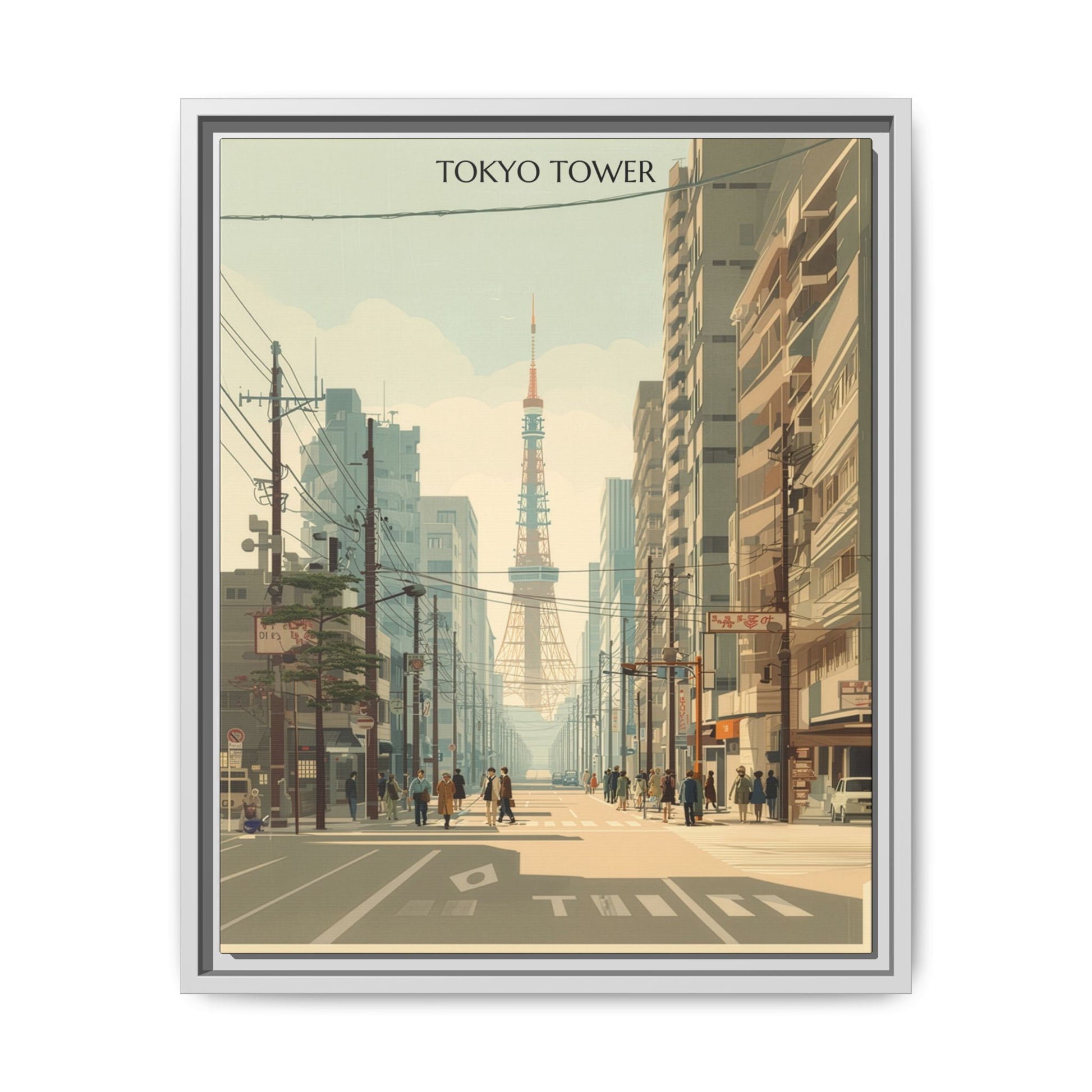 Vintage Tokyo Tower artwork, 16 × 20, white framed canvas, front view