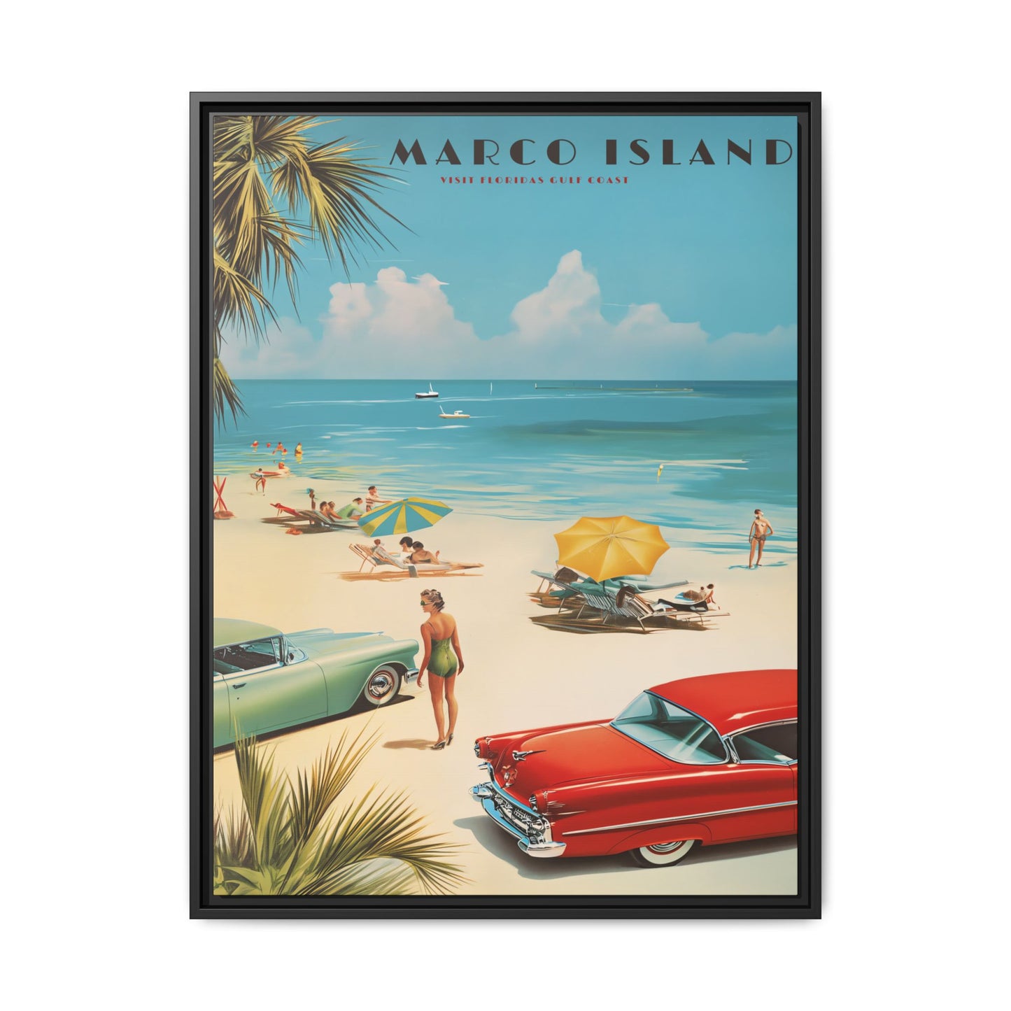 "Marco Island Retro Beach Scene – Vintage Wall Art of Florida’s Gulf Coast" Matte Canvas, Black Frame