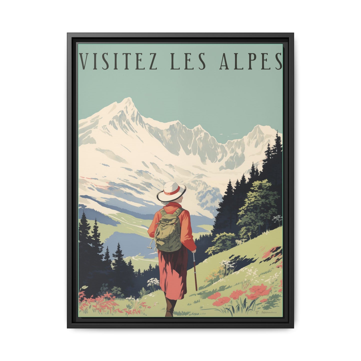 "Visitez Les Alpes(Visit the Alps French) Vintage Travel Poster | Matte Canvas with Black Frame"