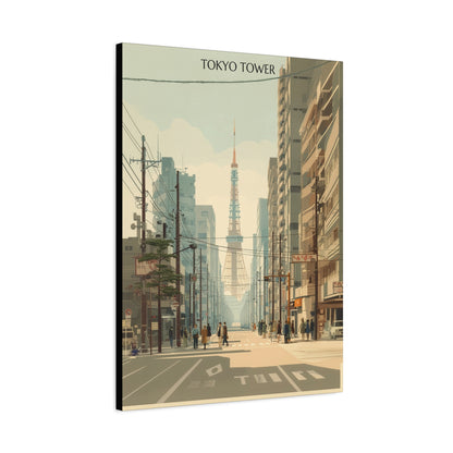 Tokyo Tower Street Scene Matte Canvas Print — Vintage Cityscape Wall Art