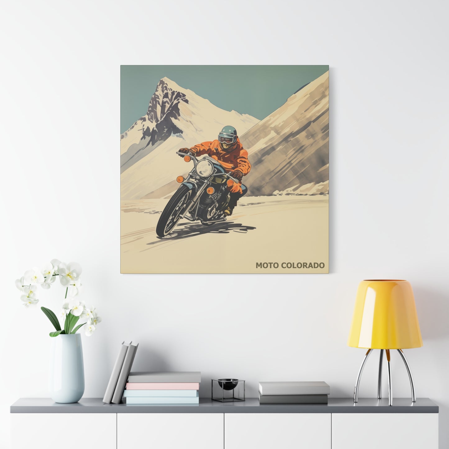 "Vintage Moto Colorado Poster - Mountain Motorcycle Ride Matte Stretched Canvas"Matte Canvas, Stretched, 1.25"