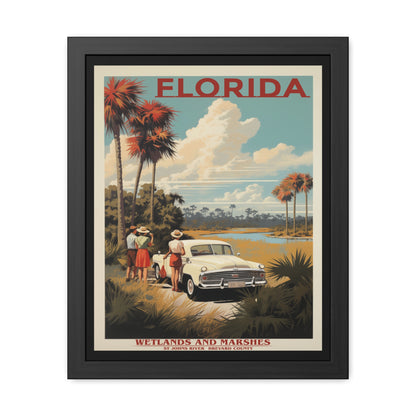 Vintage Florida Wetlands and Marshes Retro Wall Art – Vintage Travel Poster with Wooden Frame