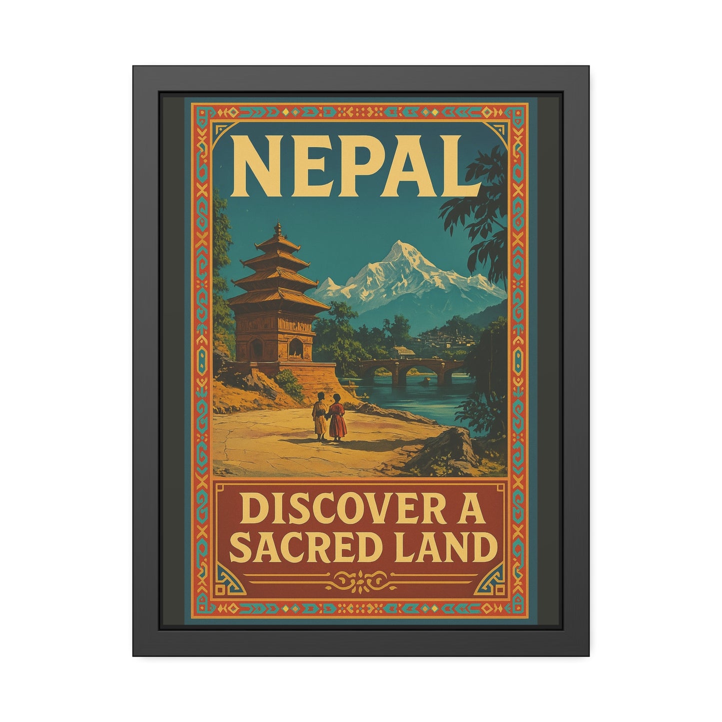 Framed Nepal Travel Poster — "Discover a Sacred Land" Vintage Wall Art