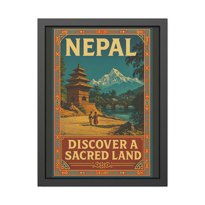 Framed Nepal Travel Poster — "Discover a Sacred Land" Vintage Wall Art