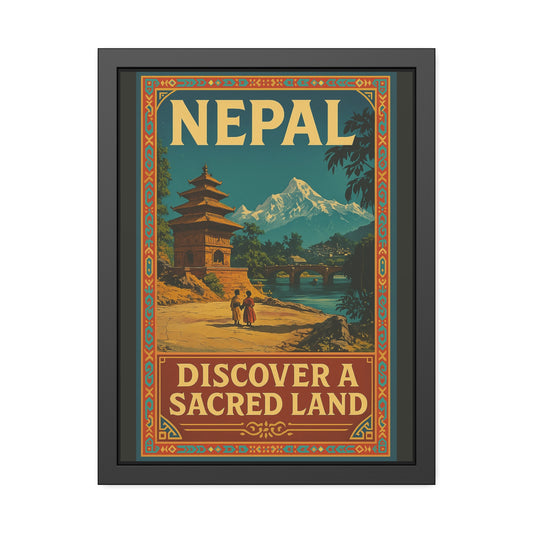 Framed Nepal Travel Poster — "Discover a Sacred Land" Vintage Wall Art