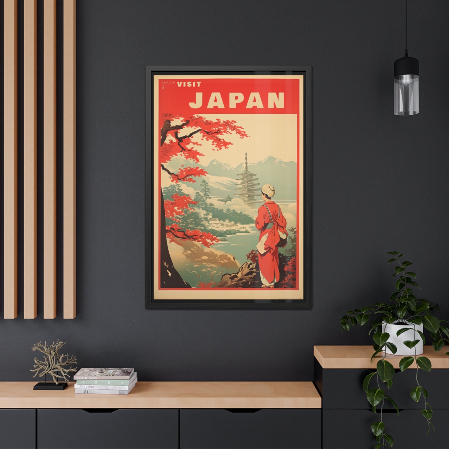 Vintage Japan Travel Poster - 'Visit Japan' Scenic Pagoda View Framed Posters