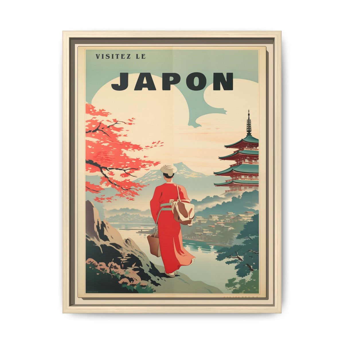 Vintage Visit Japan pagoda and maple artwork, 12 × 16, natural framed canvas, front view