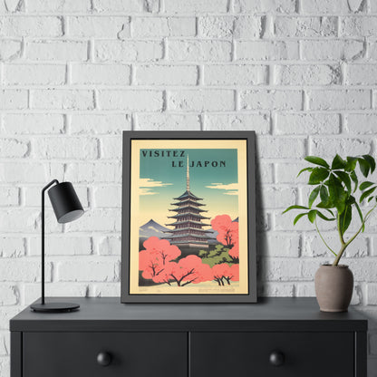 Framed Poster - "Visitez Le Japon" Vintage Travel Art (Cherry Blossom Pagoda)