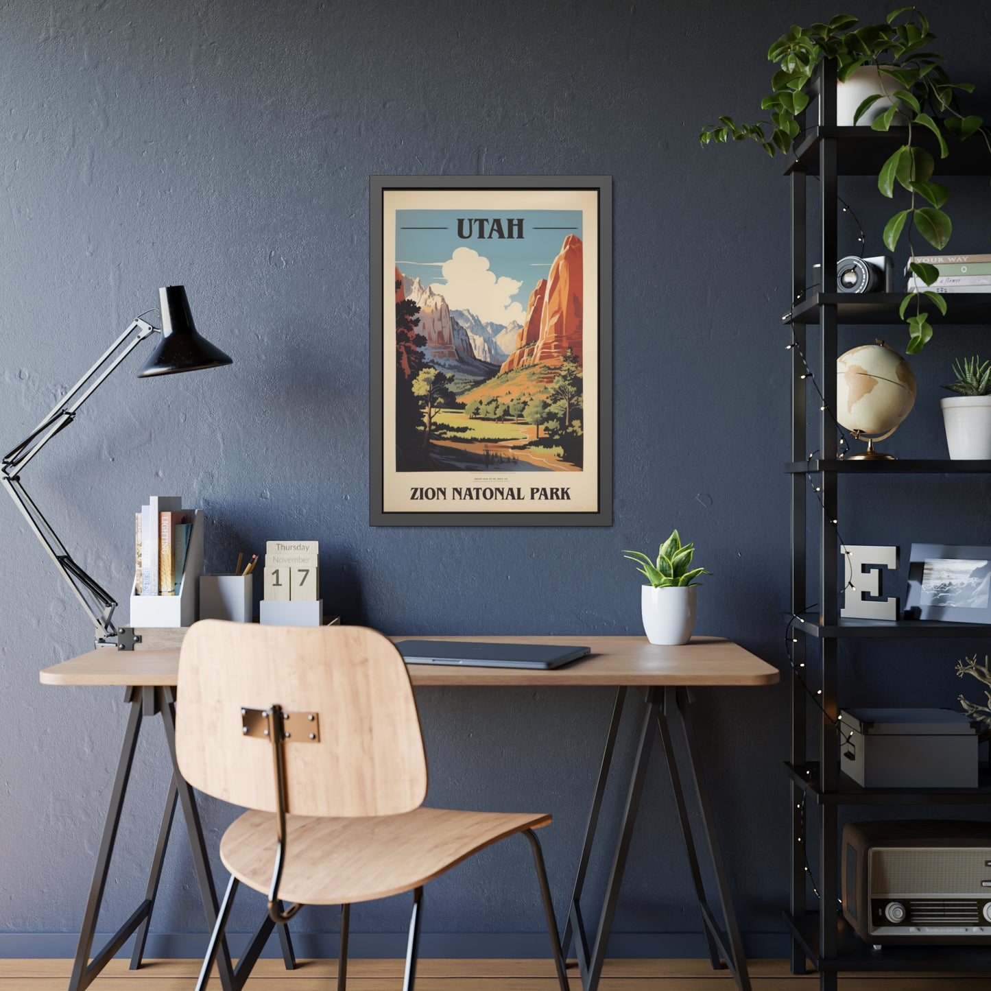 Framed vintage Utah Zion National Park travel art print on a dark accent wall