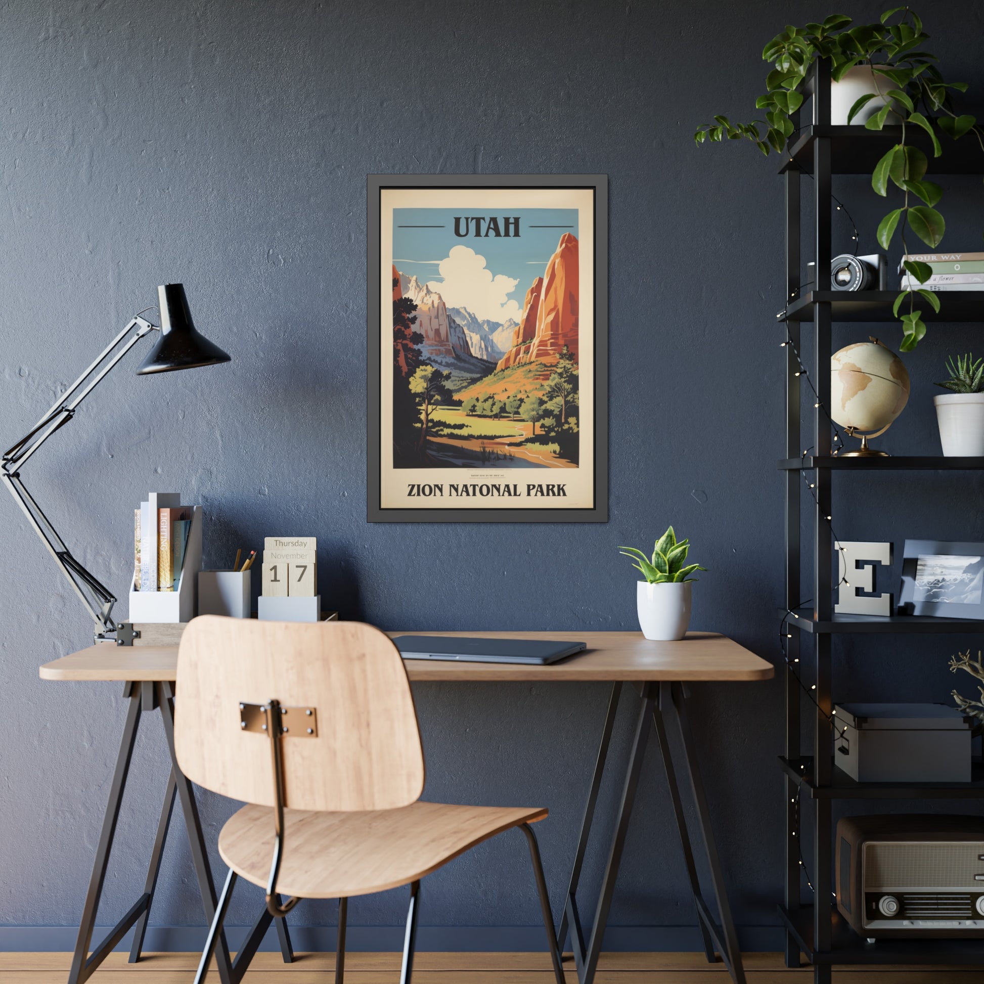 Framed vintage Utah Zion National Park travel art print on a dark accent wall