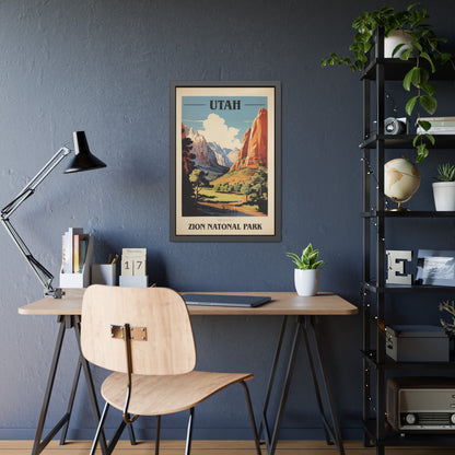Framed vintage Utah Zion National Park travel art print on a dark accent wall
