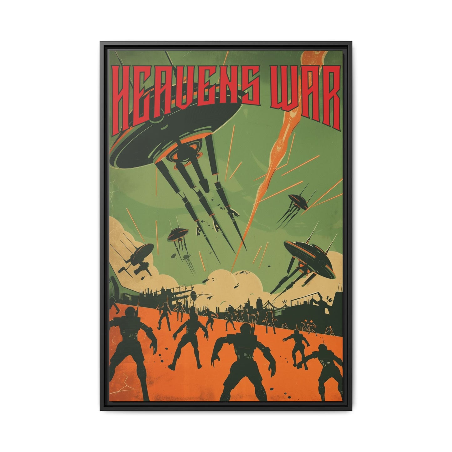 "Heavens War – Futuristic Sci-Fi Battle Matte Canvas with Black Frame"