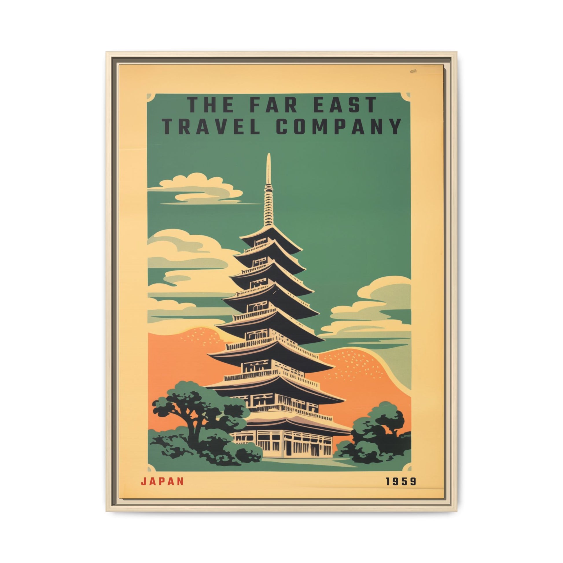 Vintage Far East Travel Company artwork, 24 × 32, natural framed canvas, front view