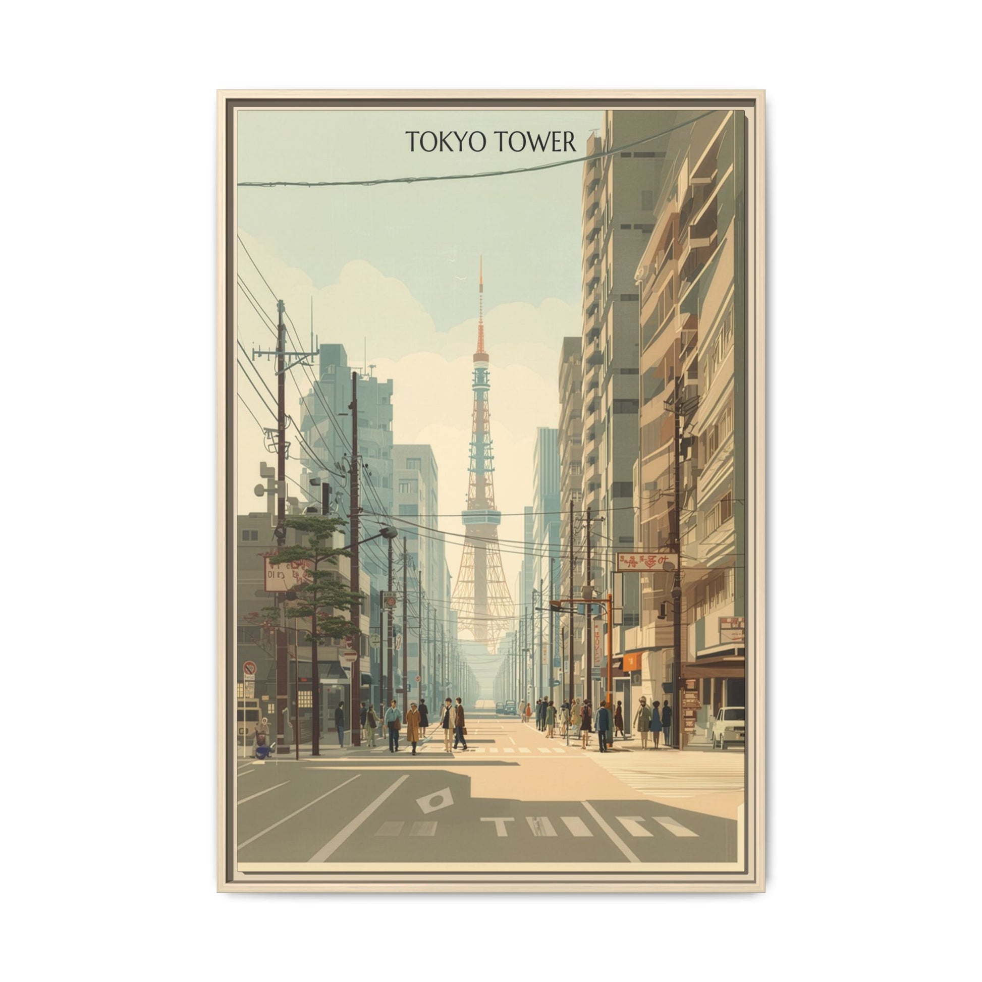 Vintage Tokyo Tower artwork, 24 × 36, natural framed canvas, front view