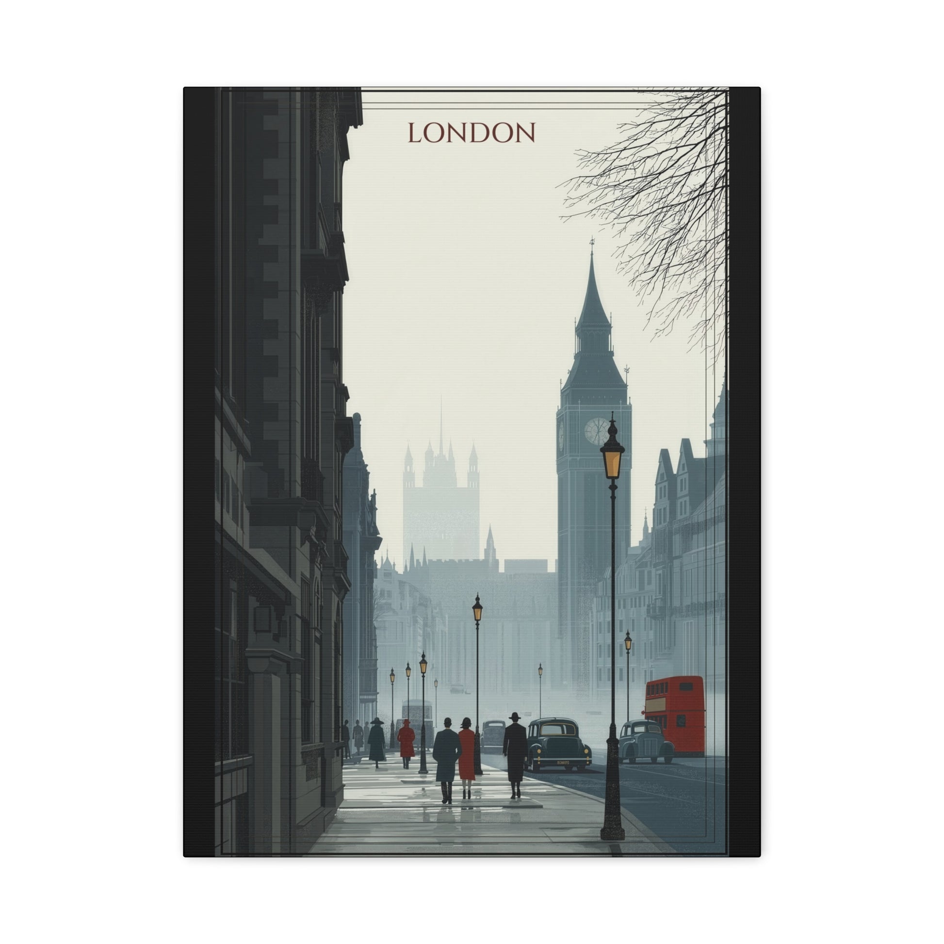 London vintage travel artwork, Big Ben and a red double-decker bus on a foggy street, stretched canvas print