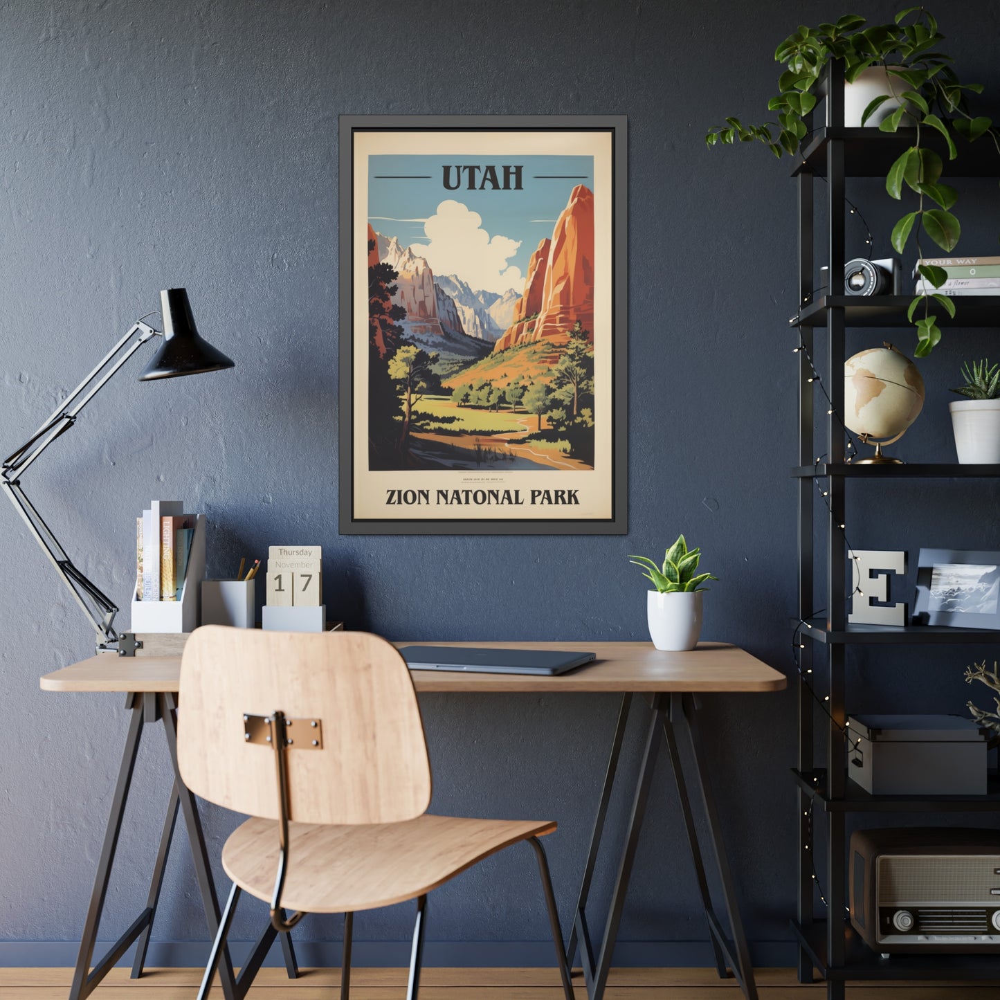 Framed vintage Utah Zion National Park travel art print on a home office desk, alternate view