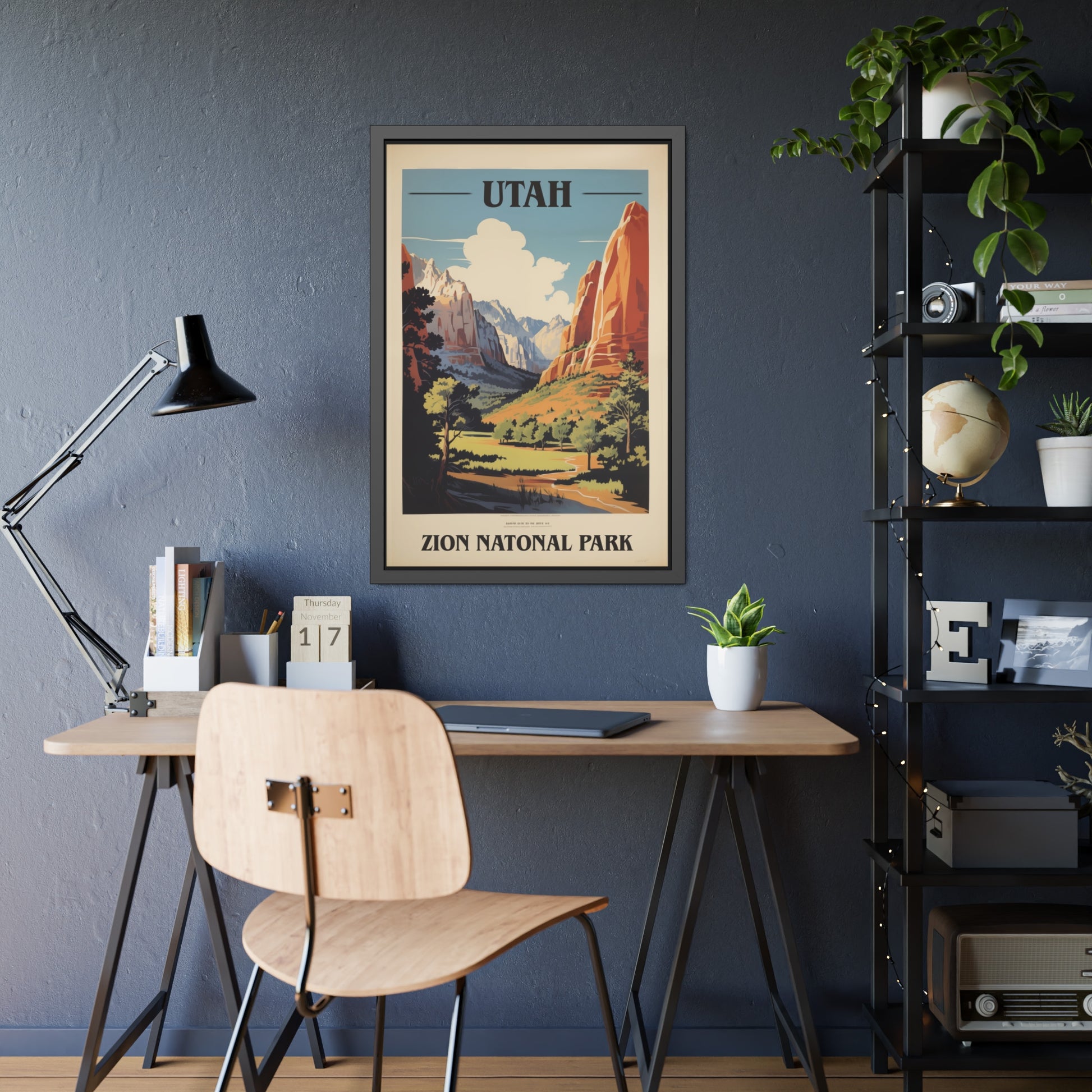 Framed vintage Utah Zion National Park travel art print on a home office desk, alternate view