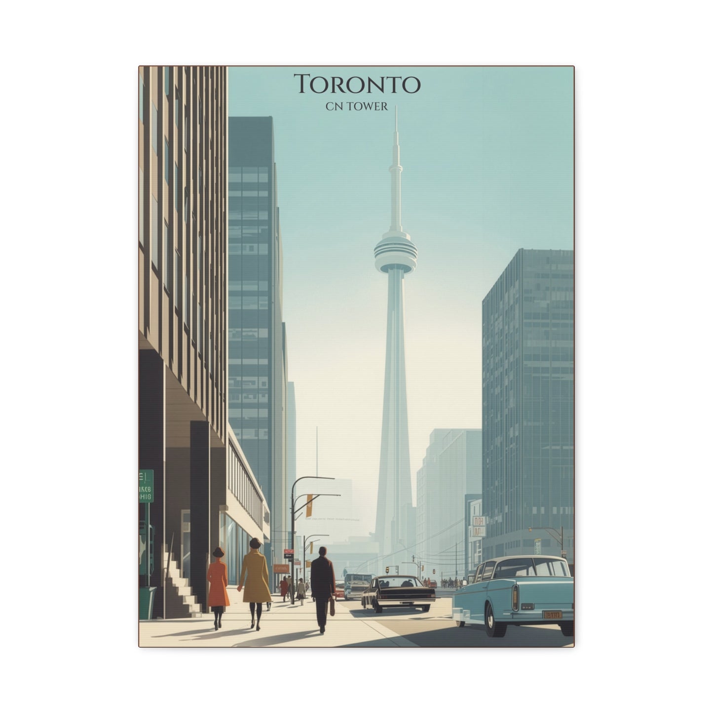 Toronto vintage travel artwork, the CN Tower rising above a downtown street lined with classic cars, stretched canvas print
