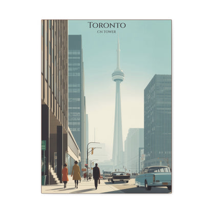 Toronto vintage travel artwork, the CN Tower rising above a downtown street lined with classic cars, stretched canvas print