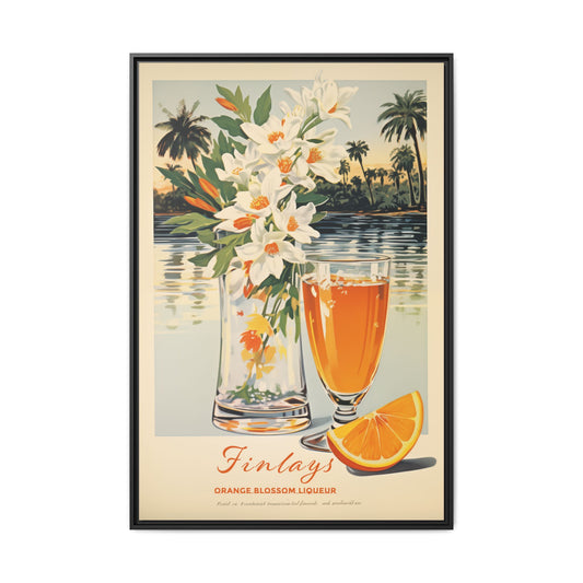 "Finlays Orange Blossom Liqueur Art Print – Tropical Vintage Featuring Florals and Coastal Scenery" Matte Canvas, Black Frame