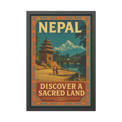 Framed Nepal Travel Poster — "Discover a Sacred Land" Vintage Wall Art
