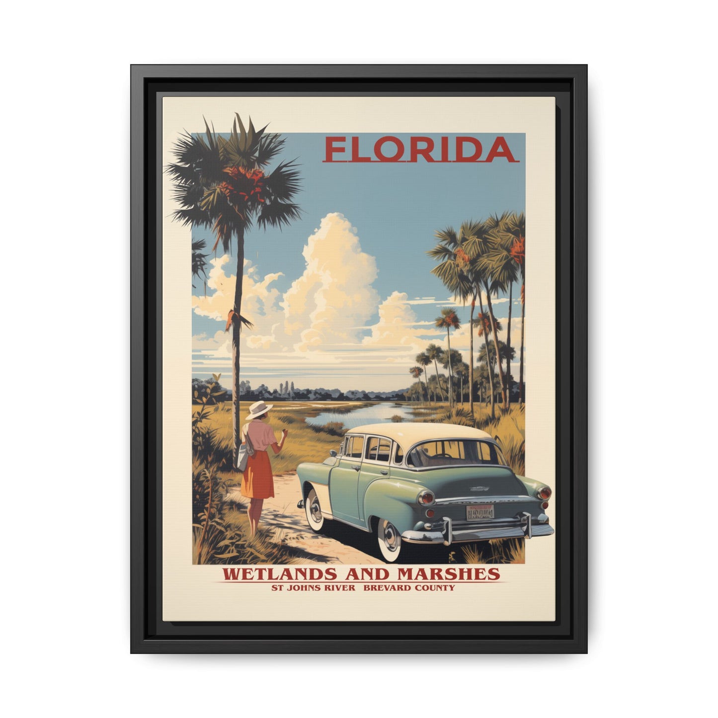 "Vintage Florida Wetlands and Marshes Poster - St. Johns River Brevard County Matte Canvas Wall Art with Black Frame" Matte Canvas, Black Frame