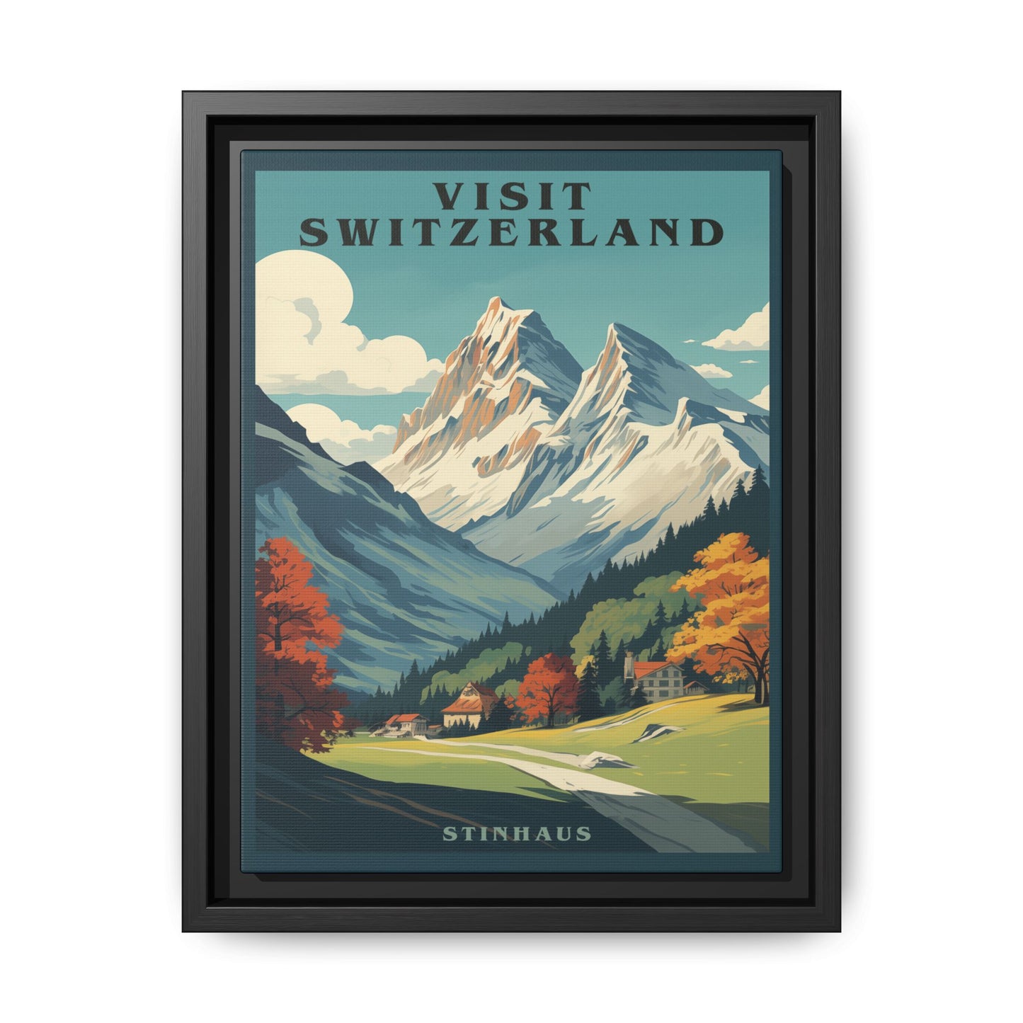 "Visit Switzerland Vintage Poster | Matte Canvas with Black Frame"