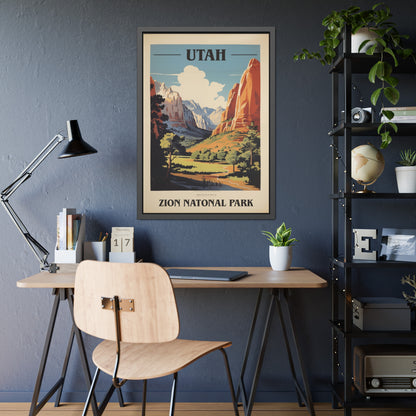 Framed vintage Utah Zion National Park travel art print on a home office desk, additional view