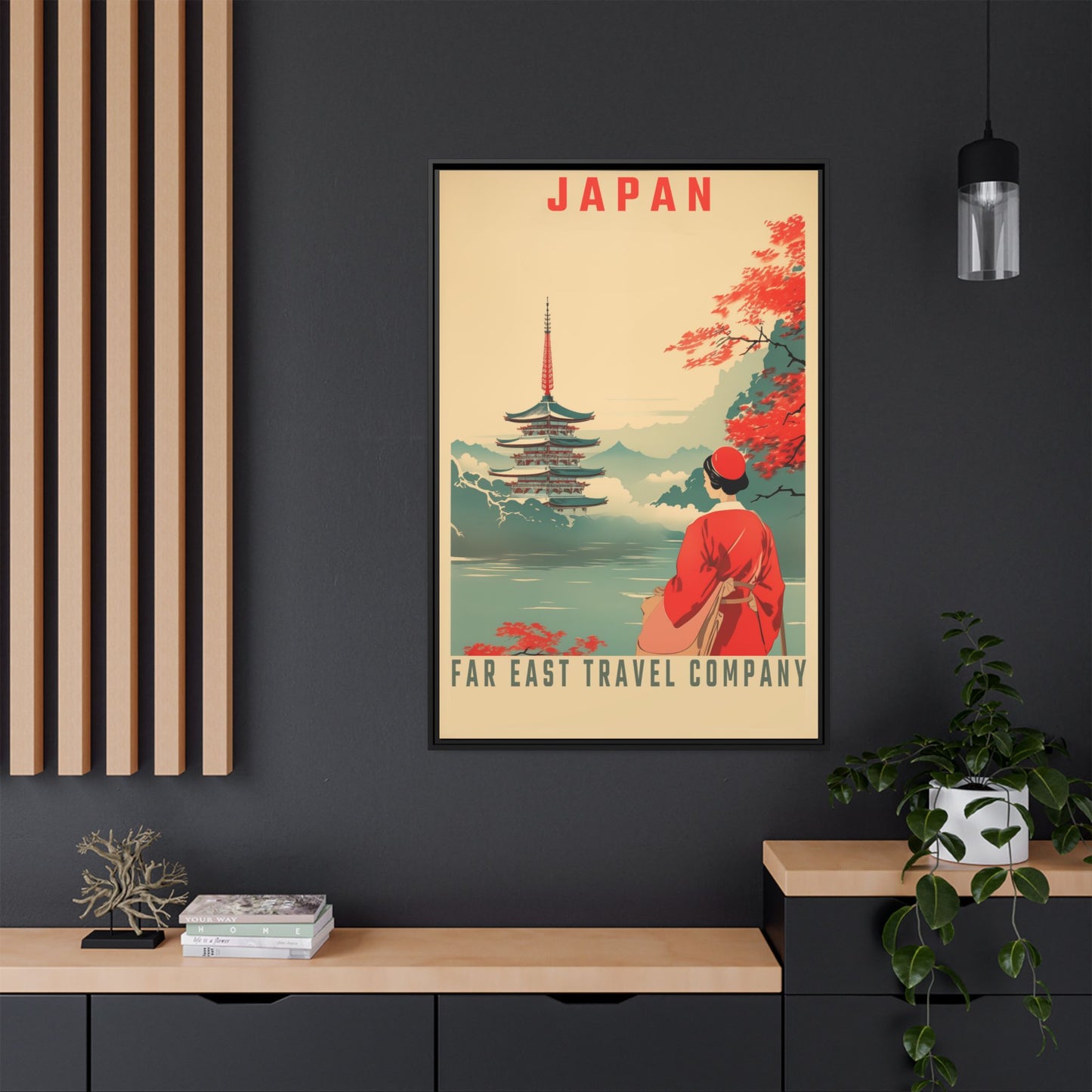 "Vintage Japan Travel Poster - Far East Travel Company Matte Canvas Wall Art with Black Frame" Matte Canvas, Black Frame