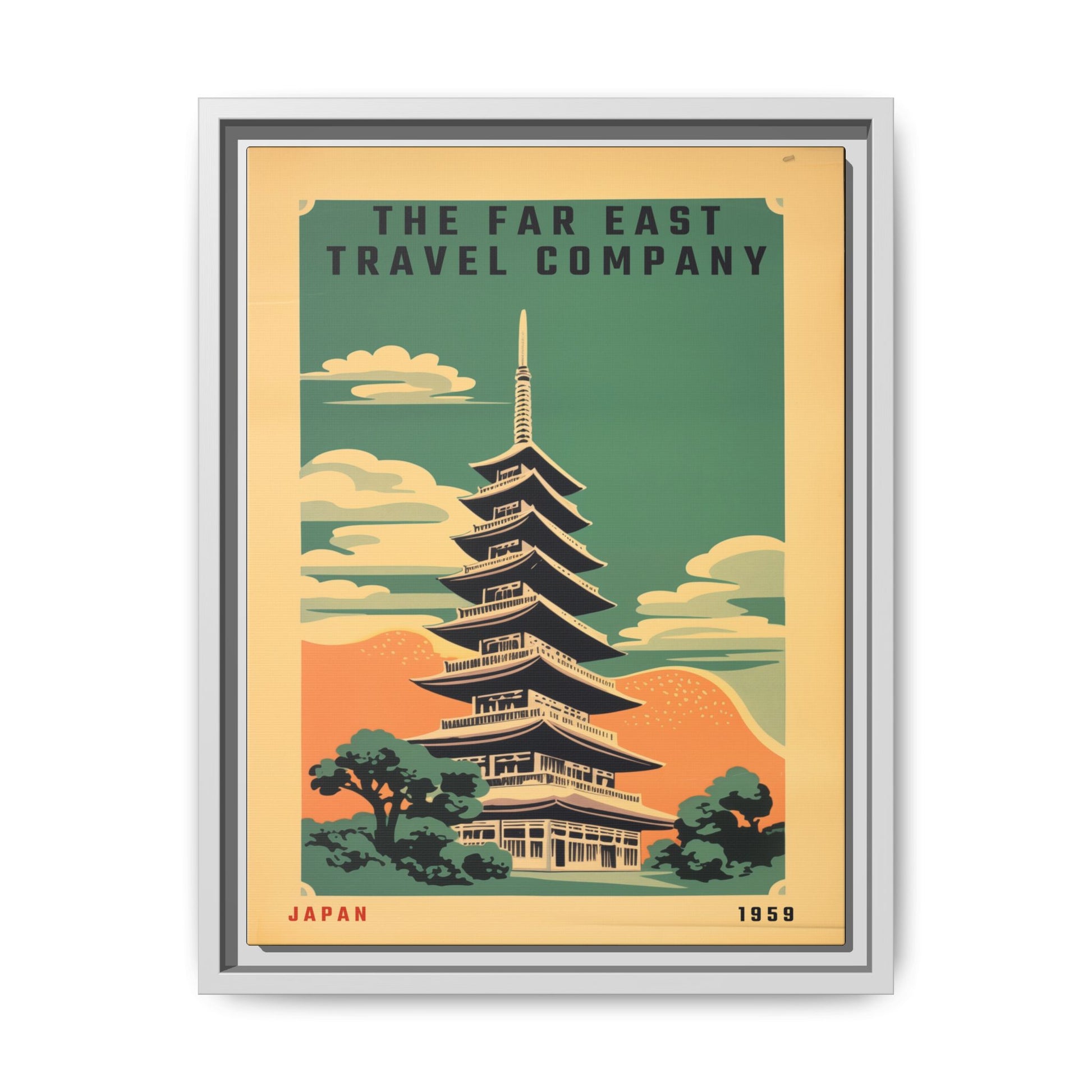 Vintage Far East Travel Company artwork, 12 × 16, white framed canvas, front view