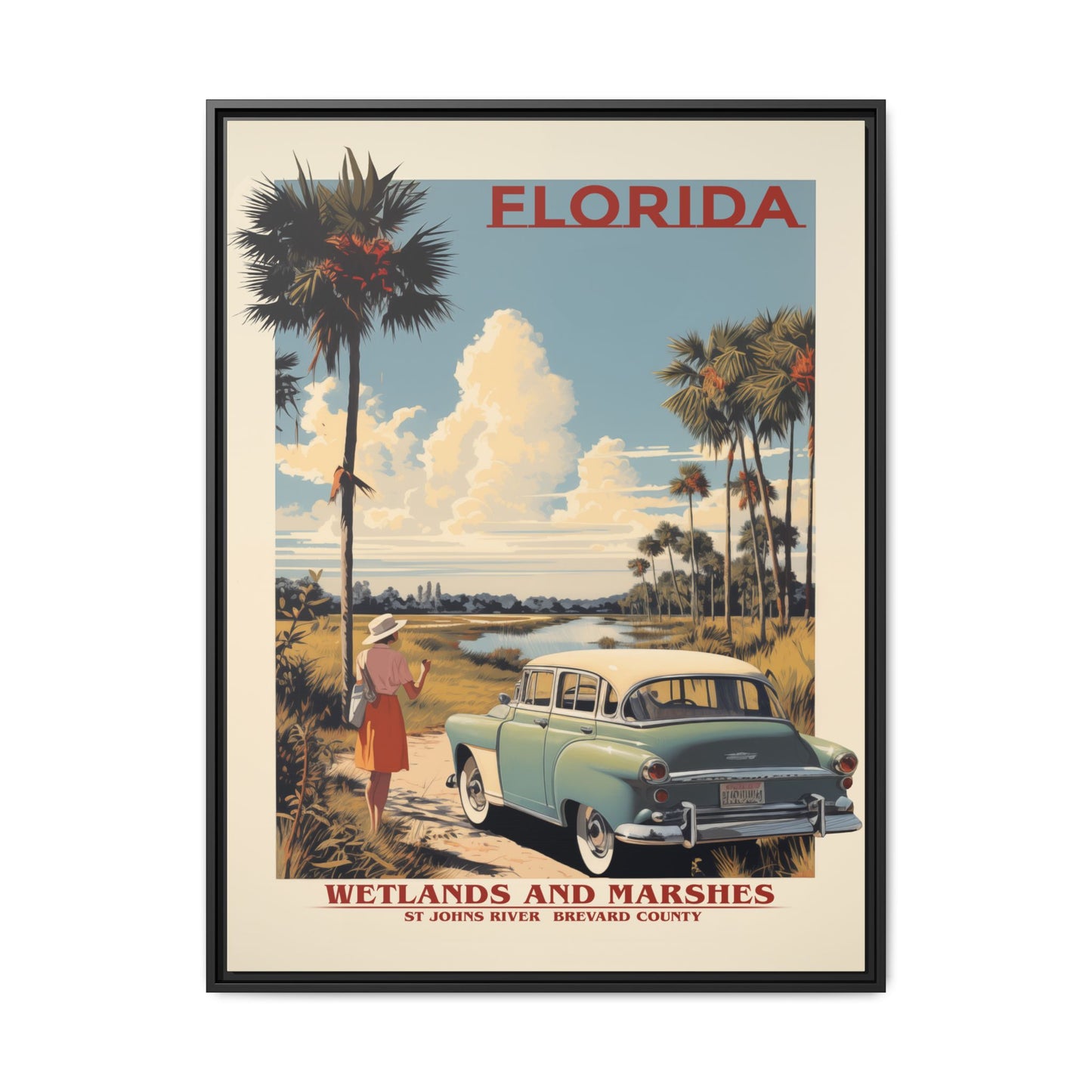 "Vintage Florida Wetlands and Marshes Poster - St. Johns River Brevard County Matte Canvas Wall Art with Black Frame" Matte Canvas, Black Frame