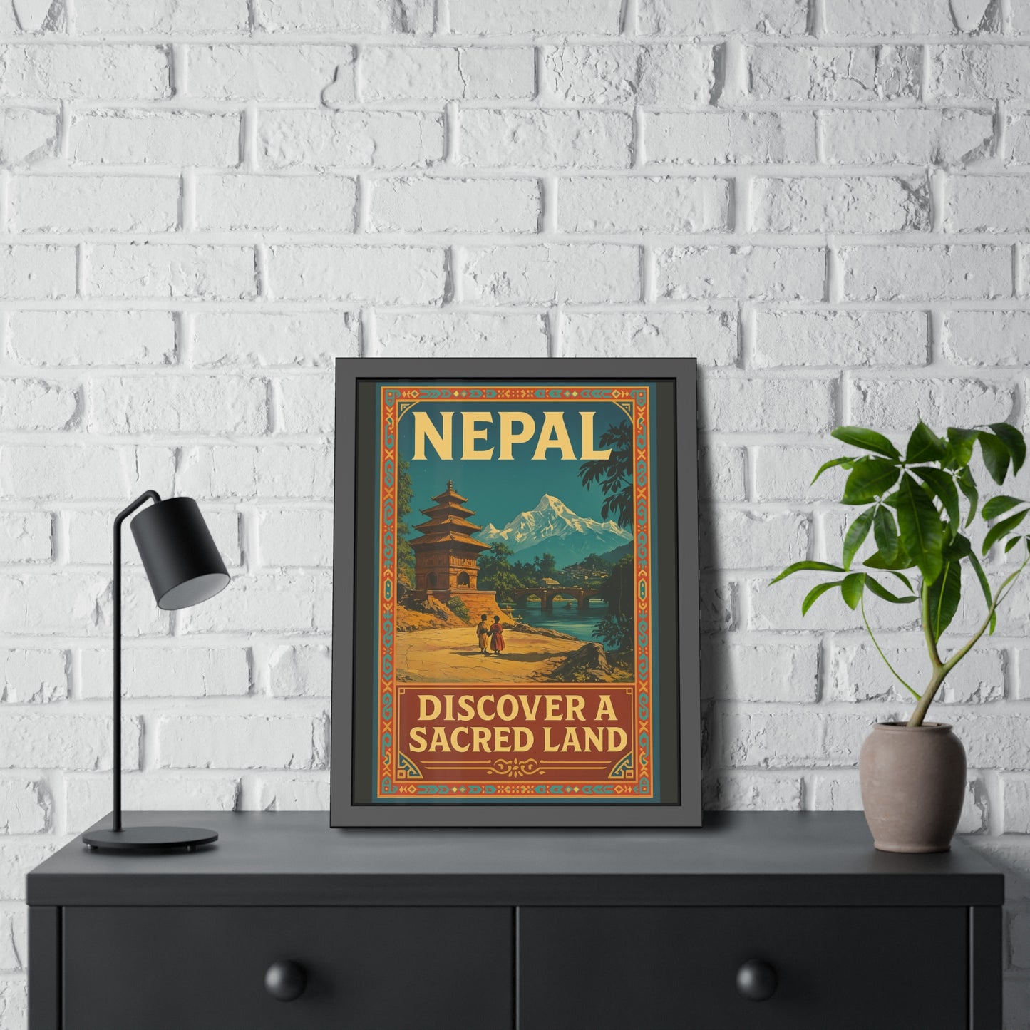 Framed Nepal Travel Poster — "Discover a Sacred Land" Vintage Wall Art