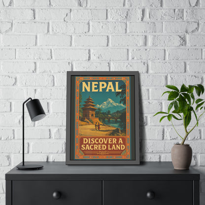 Framed Nepal Travel Poster — "Discover a Sacred Land" Vintage Wall Art