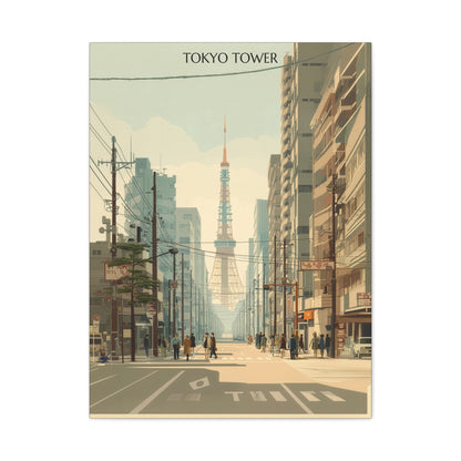 Tokyo Tower Street Scene Matte Canvas Print — Vintage Cityscape Wall Art