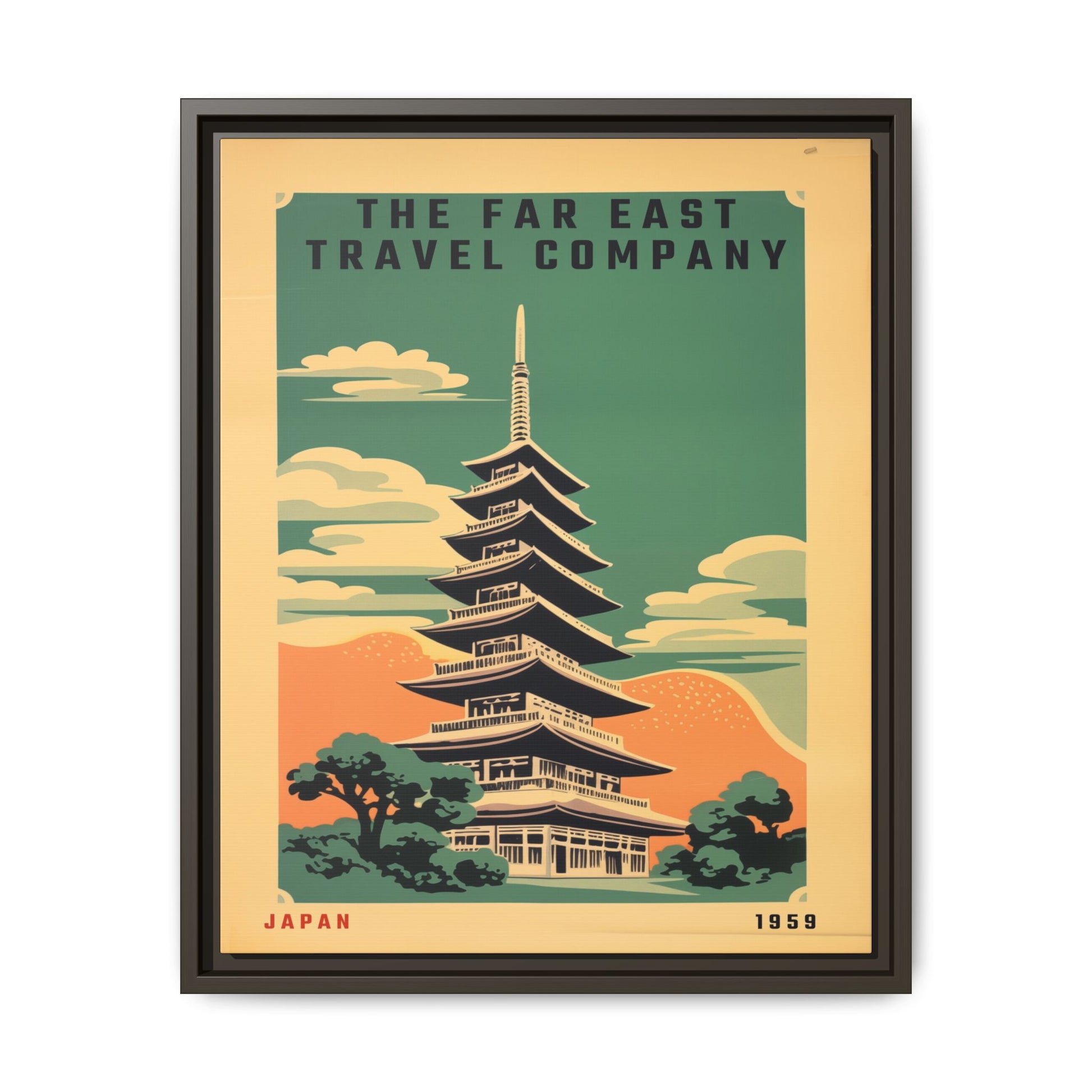 Vintage Far East Travel Company artwork, 16 × 20, espresso framed canvas, front view