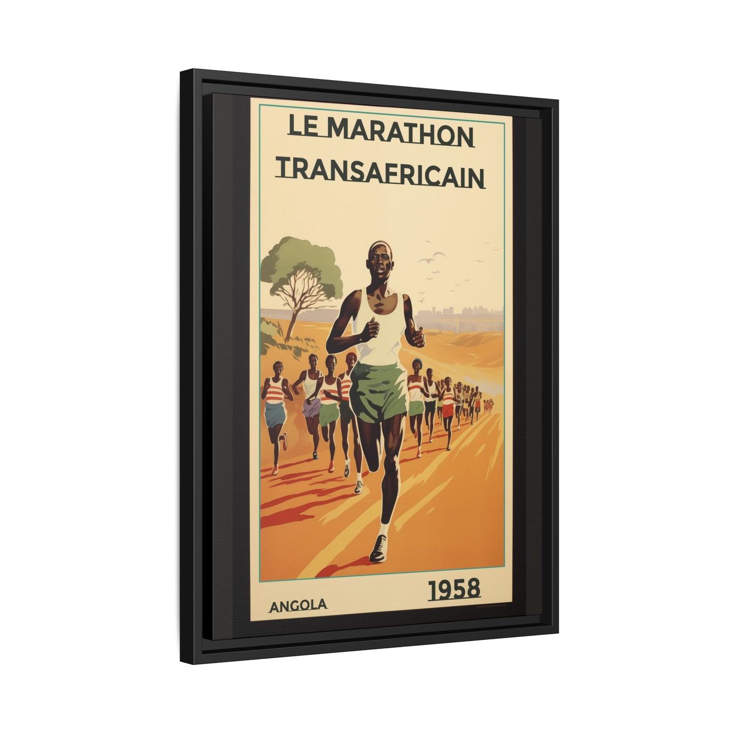 "Le Marathon Transafricain (French)". – 1958 Angola Vintage Matte Canvas, Black Frame