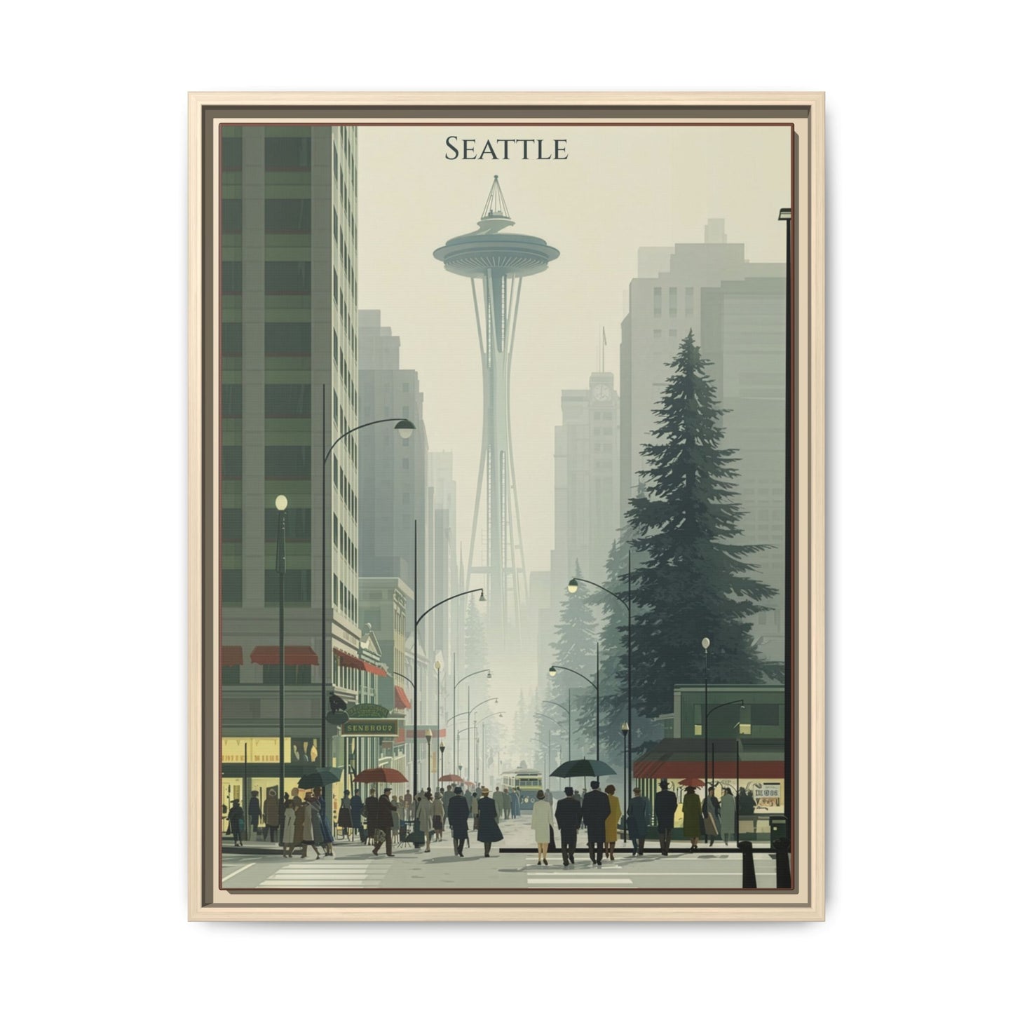 Seattle Space Needle Matte Canvas Print — Framed Vintage Cityscape Wall Art