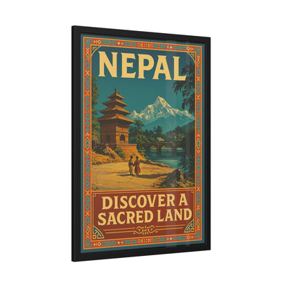 Framed Nepal Travel Poster — "Discover a Sacred Land" Vintage Wall Art