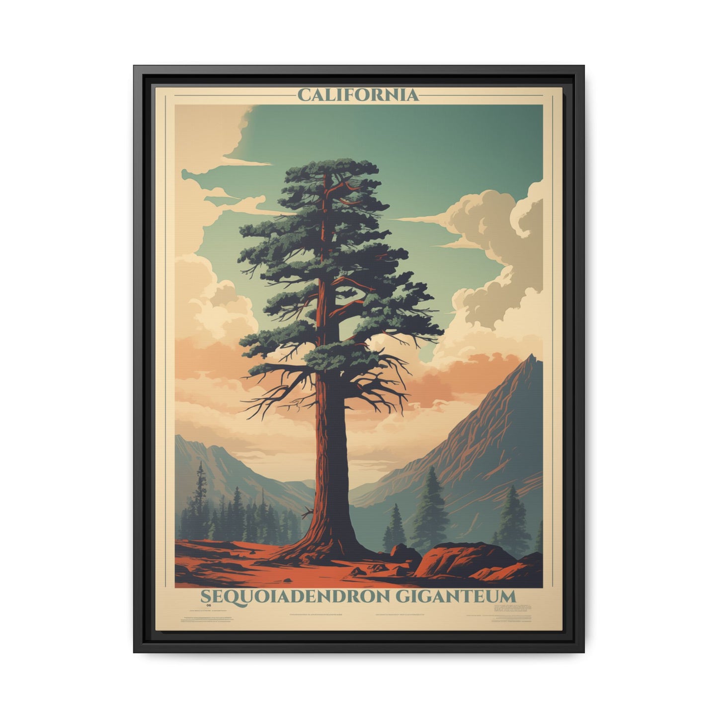 "Vintage California Sequoia Poster - Sequoiadendron Giganteum Matte Canvas Wall Art with Black Frame" Matte Canvas, Black Frame