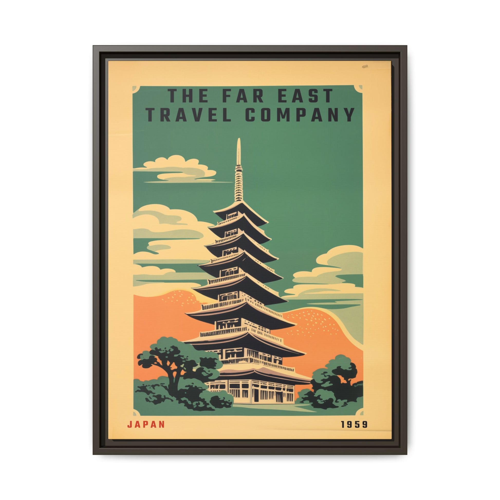 Vintage Far East Travel Company artwork, 18 × 24, espresso framed canvas, front view