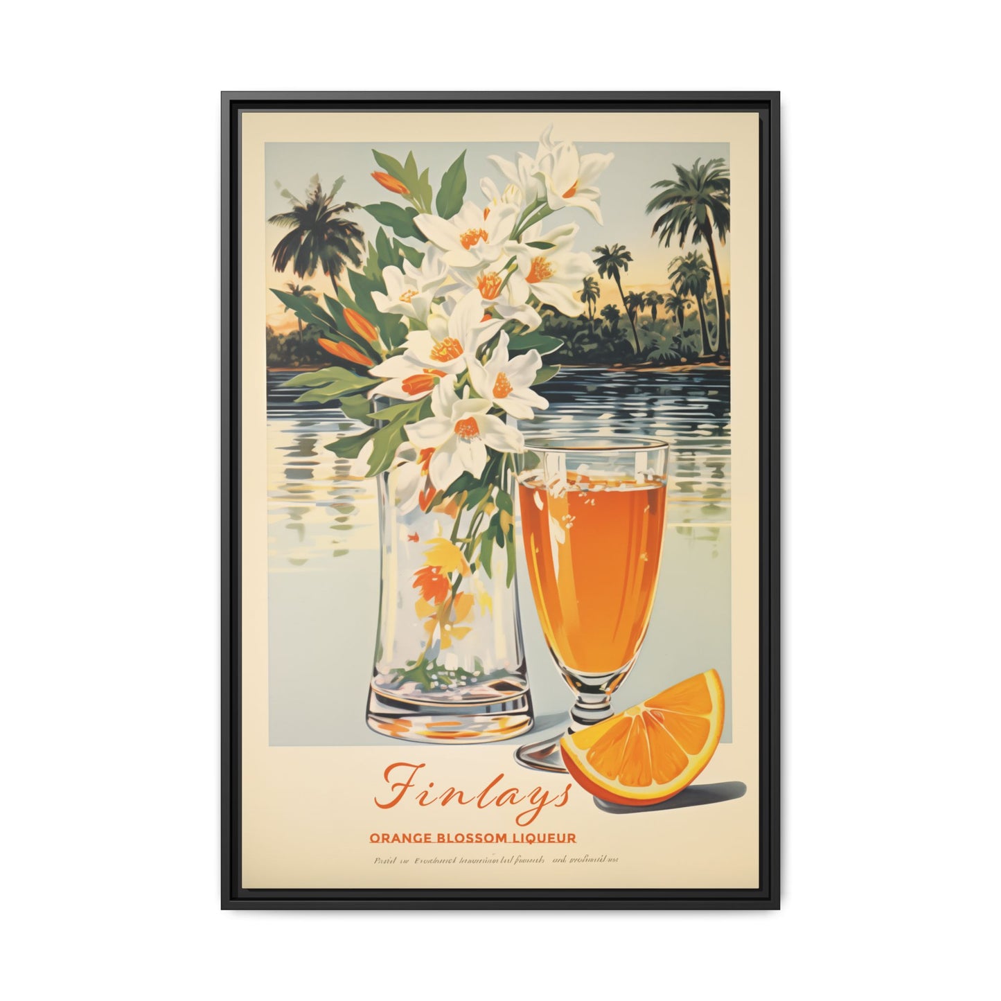 "Finlays Orange Blossom Liqueur Art Print – Tropical Vintage Featuring Florals and Coastal Scenery" Matte Canvas, Black Frame