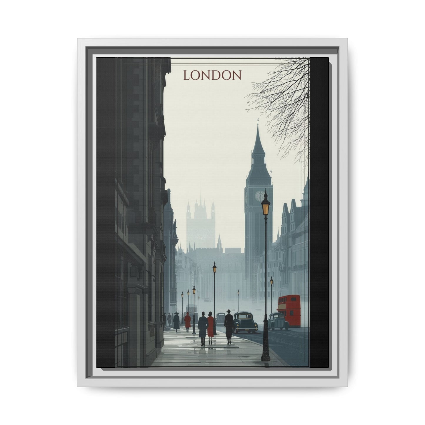 London Street Matte Canvas Print — Framed Vintage Cityscape Wall Art