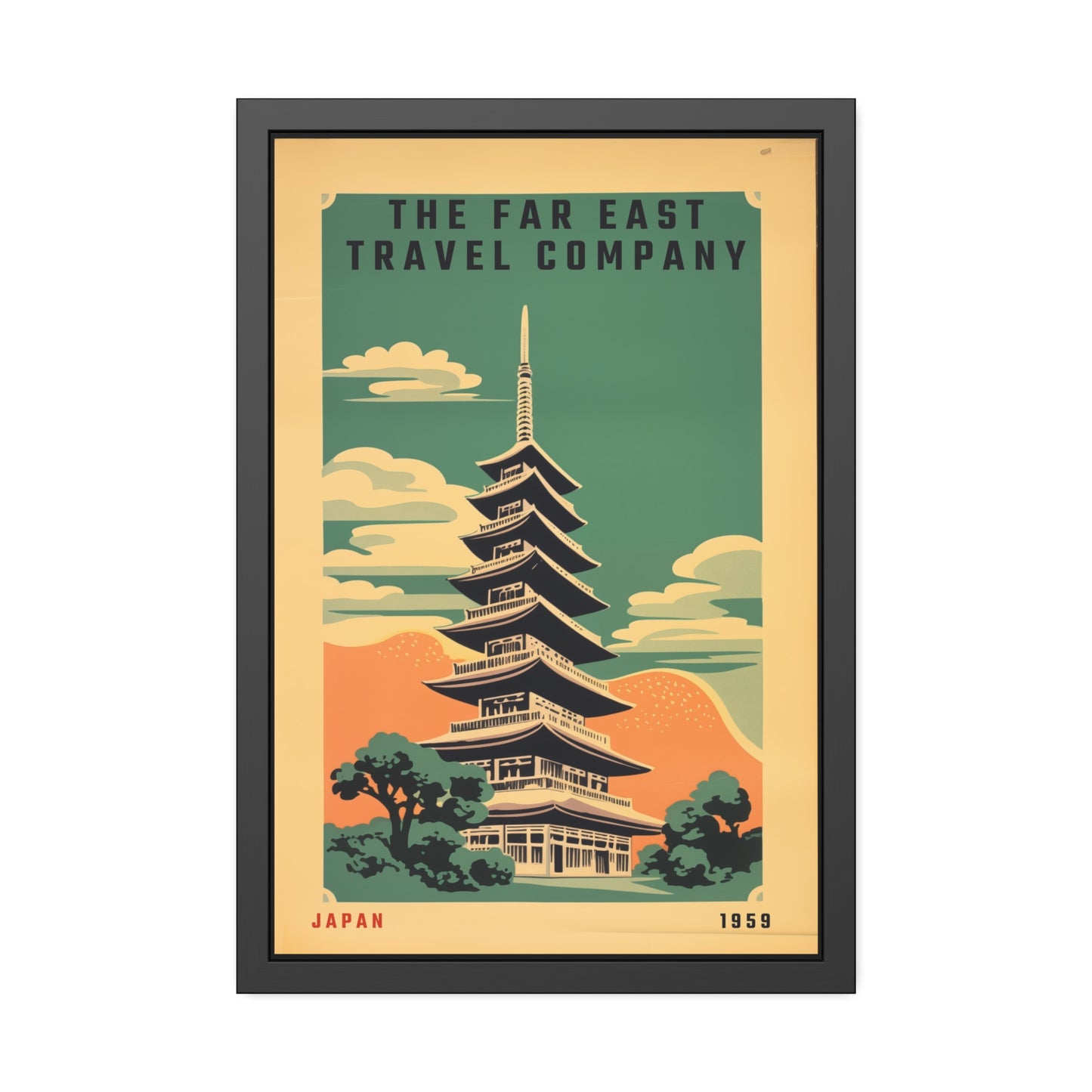 Framed Japan Travel Poster — Vintage Far East Pagoda Wall Art