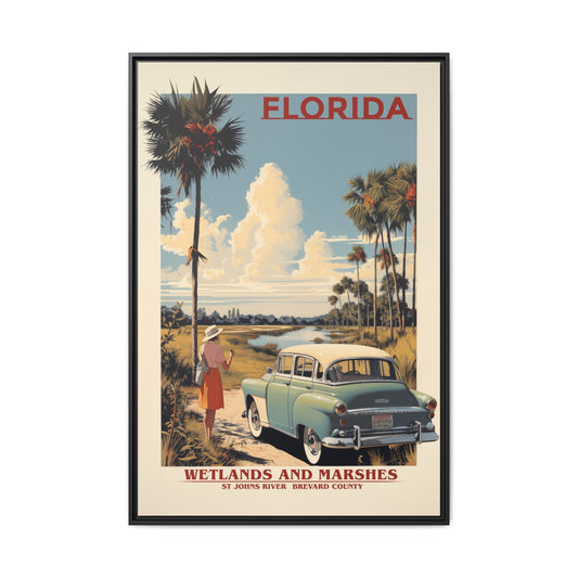 "Vintage Florida Wetlands and Marshes Poster - St. Johns River Brevard County Matte Canvas Wall Art with Black Frame" Matte Canvas, Black Frame