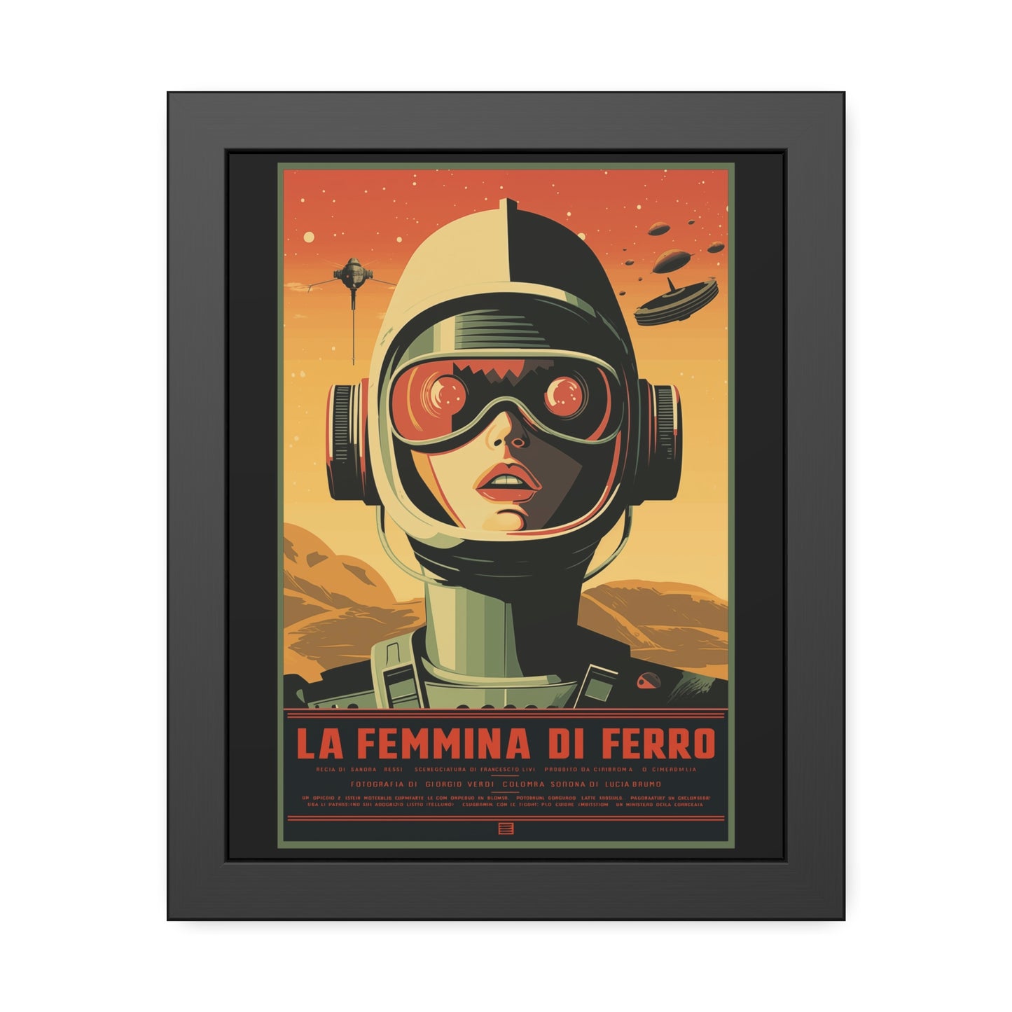 La Femmina di Ferro retro sci-fi artwork, a helmeted figure with a spacecraft and mountains in the background, framed paper poster