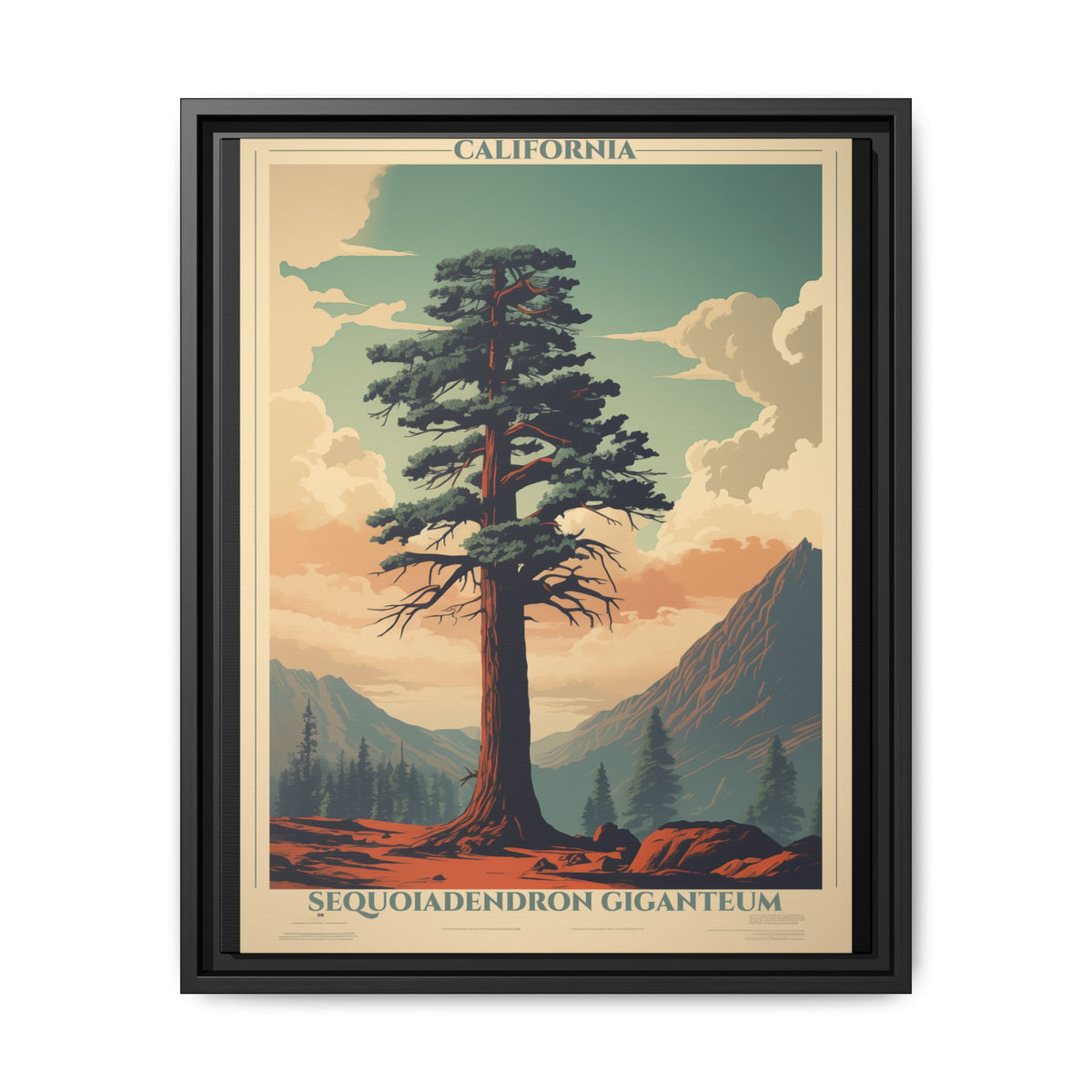 California Sequoiadendron Giganteum vintage nature artwork, 16 × 20, black framed canvas, front view