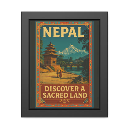 Framed Nepal Travel Poster — "Discover a Sacred Land" Vintage Wall Art