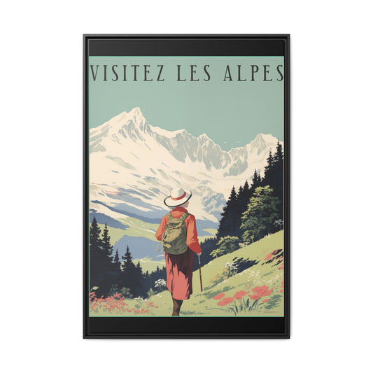 "Visitez Les Alpes(Visit the Alps French) Vintage Travel Poster | Matte Canvas with Black Frame"