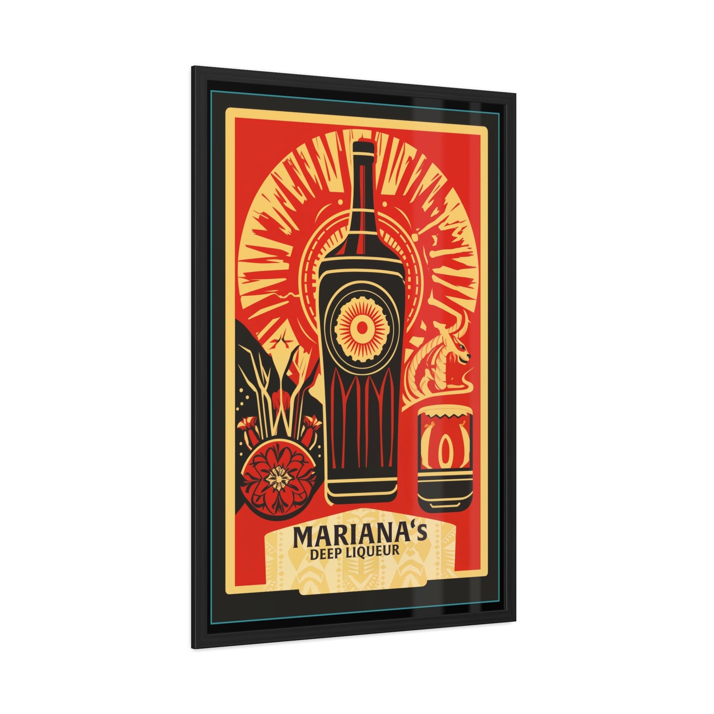 Mariana's Deep Liqueur Poster - Vibrant Art Deco Design with Tropical Flair Framed Posters