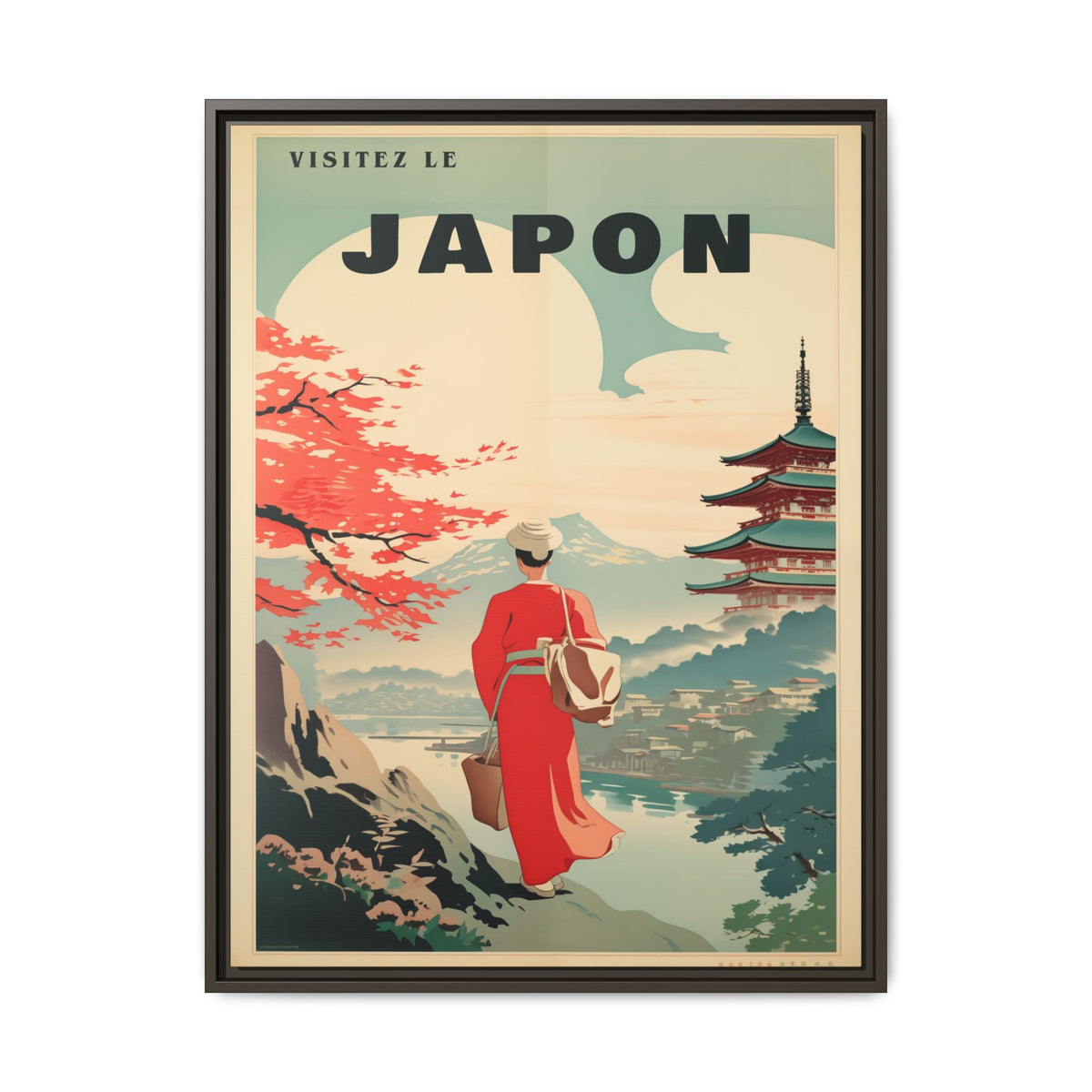 Vintage Visit Japan pagoda and maple artwork, 24 × 32, espresso framed canvas, front view